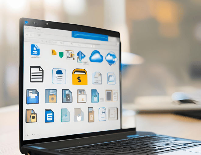 A laptop screen displaying cloud storage icons, representing the cost-effective and secure document storage solutions provided by Windows VPS for businesses.