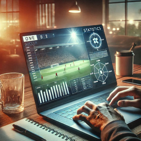 A person viewing a live soccer match on a laptop while documents and stats appear on-screen.