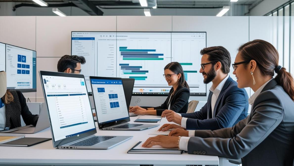 Team collaborates on documents using Windows 10 Pro in shared modern workspace.