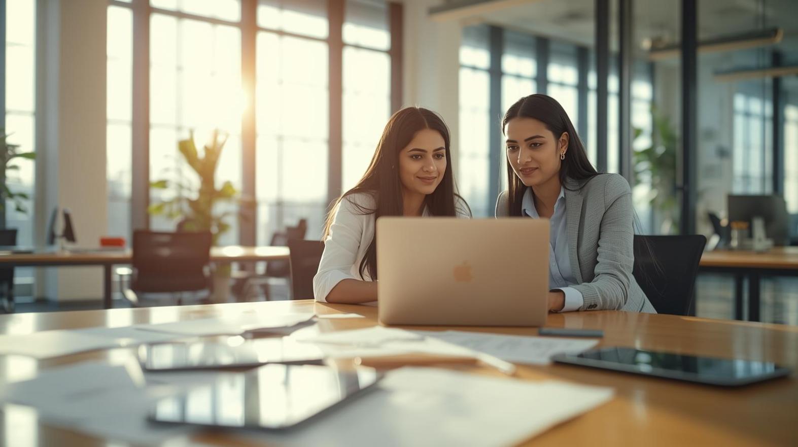 Two professionals collaborating at a bright office desk with blurred laptop screen.